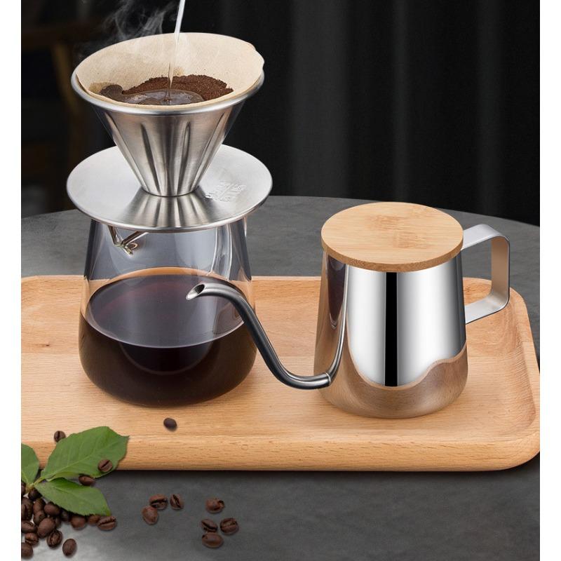 Hand-poured Coffee Pot with Lid, Bamboo Cover, 304 Thickened Stainless Steel Spout, Suitable for Household Use, Fine-mouthed Hanging Coffee Set