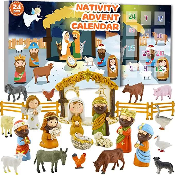 Nativity Scene Advent Calendar 24 Days New Year Countdown Calendar Gift Box Jesus Nativity Figurine Model Christmas Decorations