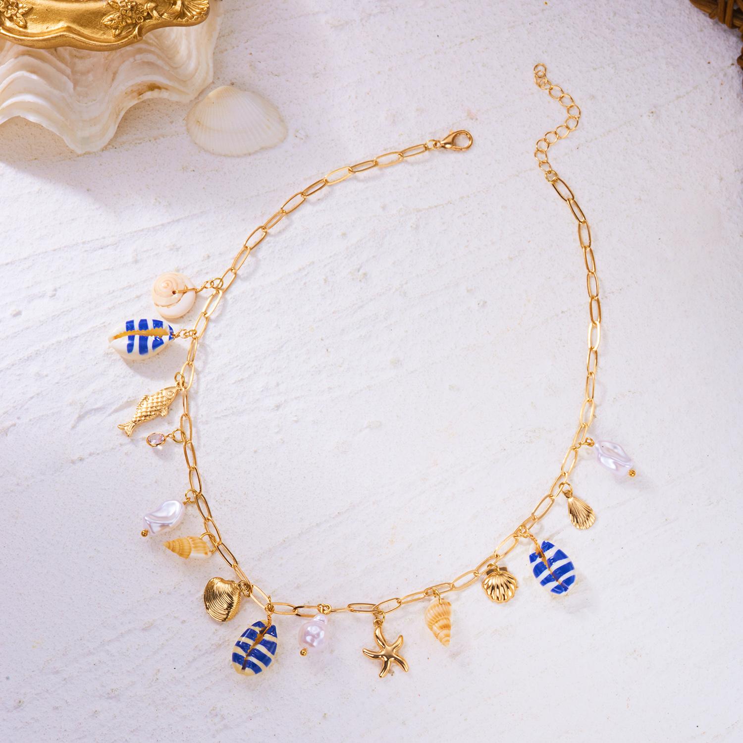 

Bohemian Starfish Conch Imitation Pearl Clavicle Necklace for Women Colorful Shell Multi Pendant Chain Beach Party Jewelry Gift