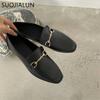 Fashion SUOJIALUN 2025 Spring Women Slip On Loafer Autumn Fashion British Metal Buckle Flat Shoes Round Toe Green Casual Ballerina