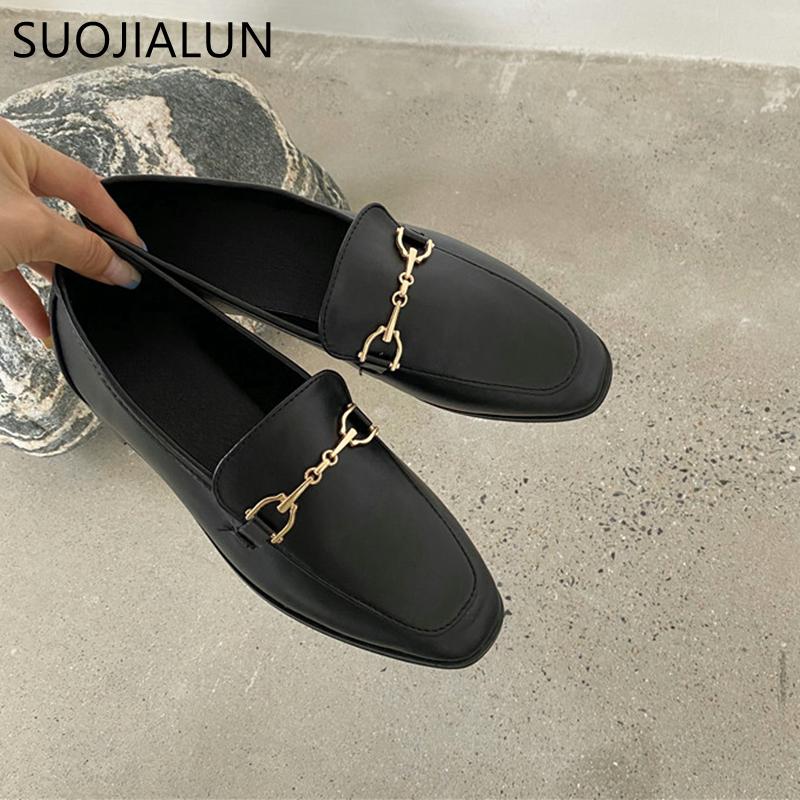 Fashion SUOJIALUN 2025 Spring Women Slip On Loafer Autumn Fashion British Metal Buckle Flat Shoes Round Toe Green Casual Ballerina