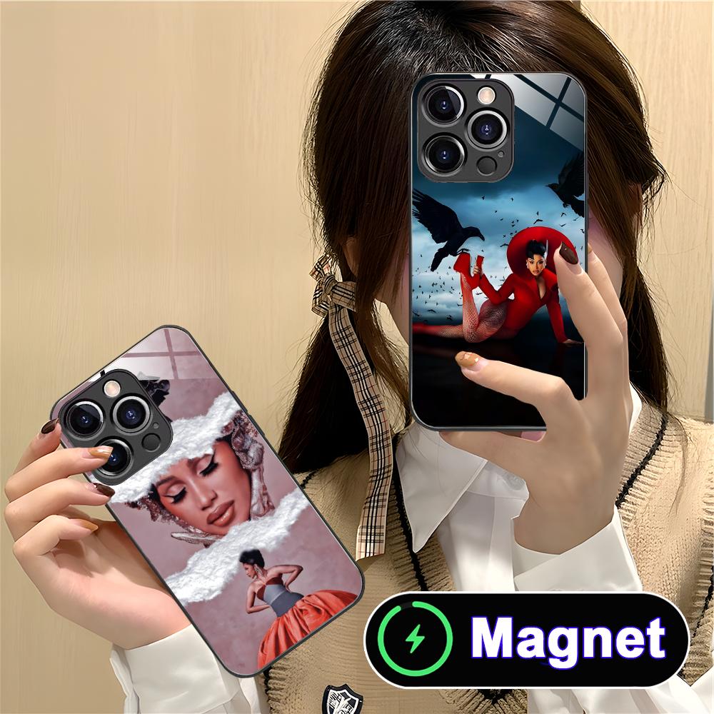 Cardi B Glass MagSafe Mobile Phone Case for iPhone 17 16 15 14 13 12 11 Air Pro Max Plus Mini Colorful Cover