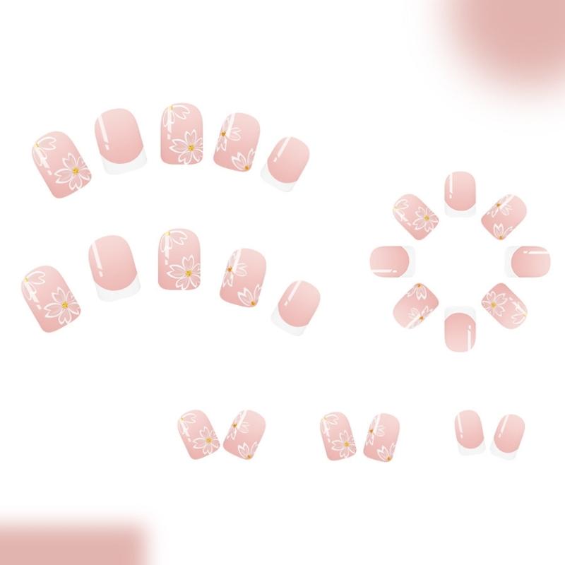 24pcs Press on Nail Flower False Nail With Short Shape And Glossy Finish Acrylic Nail Decoration for Wedding Parties