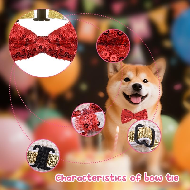 Pet Christmas Collar for Dogs Cats Kitten Puppy Red Glitter Bow Tie for Dog Cat Red Sequin Bow Ties for Cats Dogs Christmas Accessories for Dog