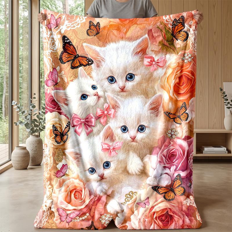 Floral Kittens Dreamscape Theme blanket Lightweight Warm Flannel Blanket Decorative Throw Blanket for Home Decoration