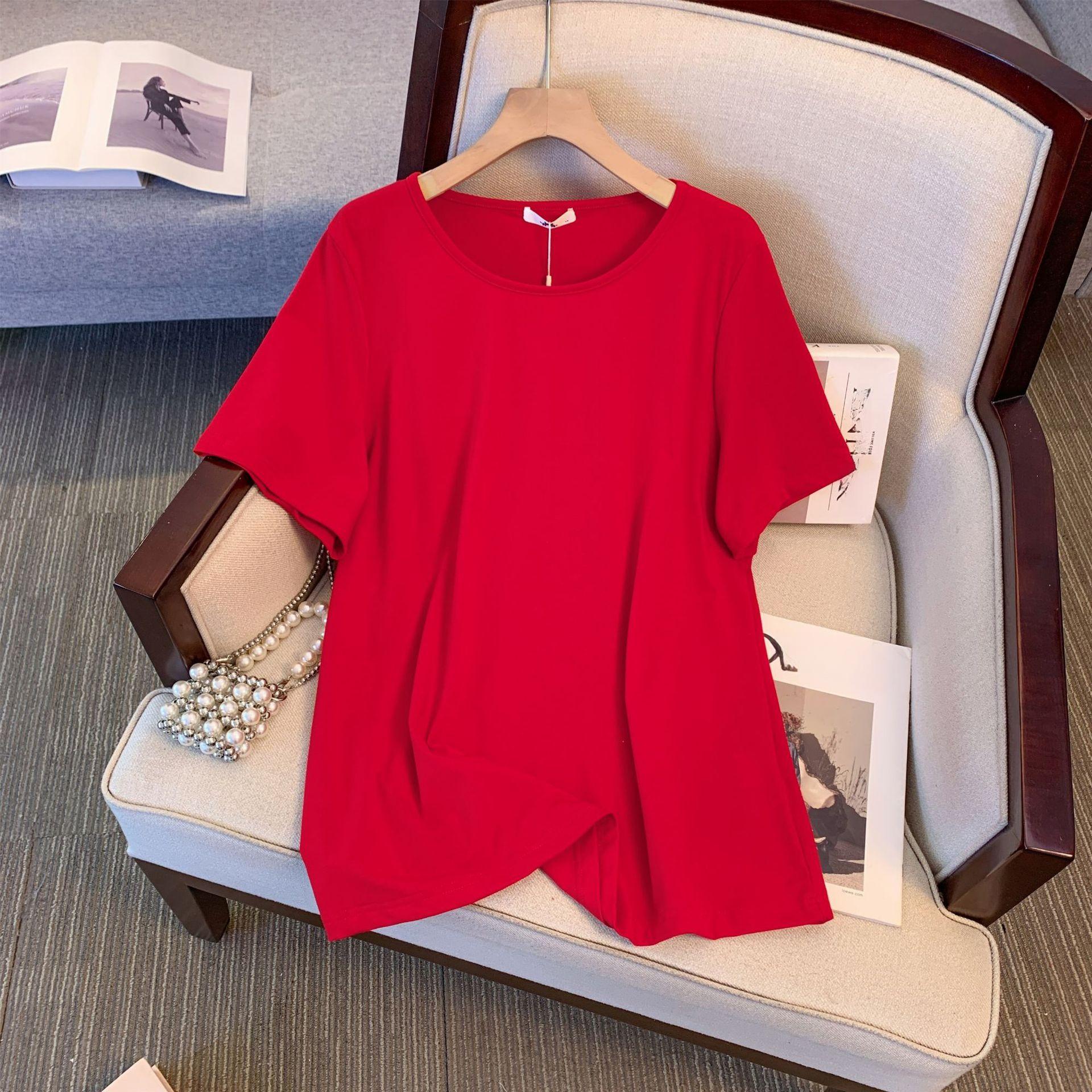 

Женская футболка больших размеров, однотонная свободная футболка, тонкая рубашка, весенне-летние тонкие топы с короткими рукавами 6XL красный