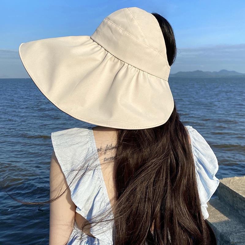 Women's Black Vinyl Bucket Hat with UV Face Shield, Adjustable & Foldable Summer Sun Protection Hat.
