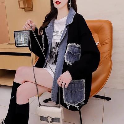 DIMANAF 2025 Winter Plus Size Autumn Women Patchwork Denim Sweaters Jacket Pockets Knitting Fashion Casual Style Blue Loose Sweater