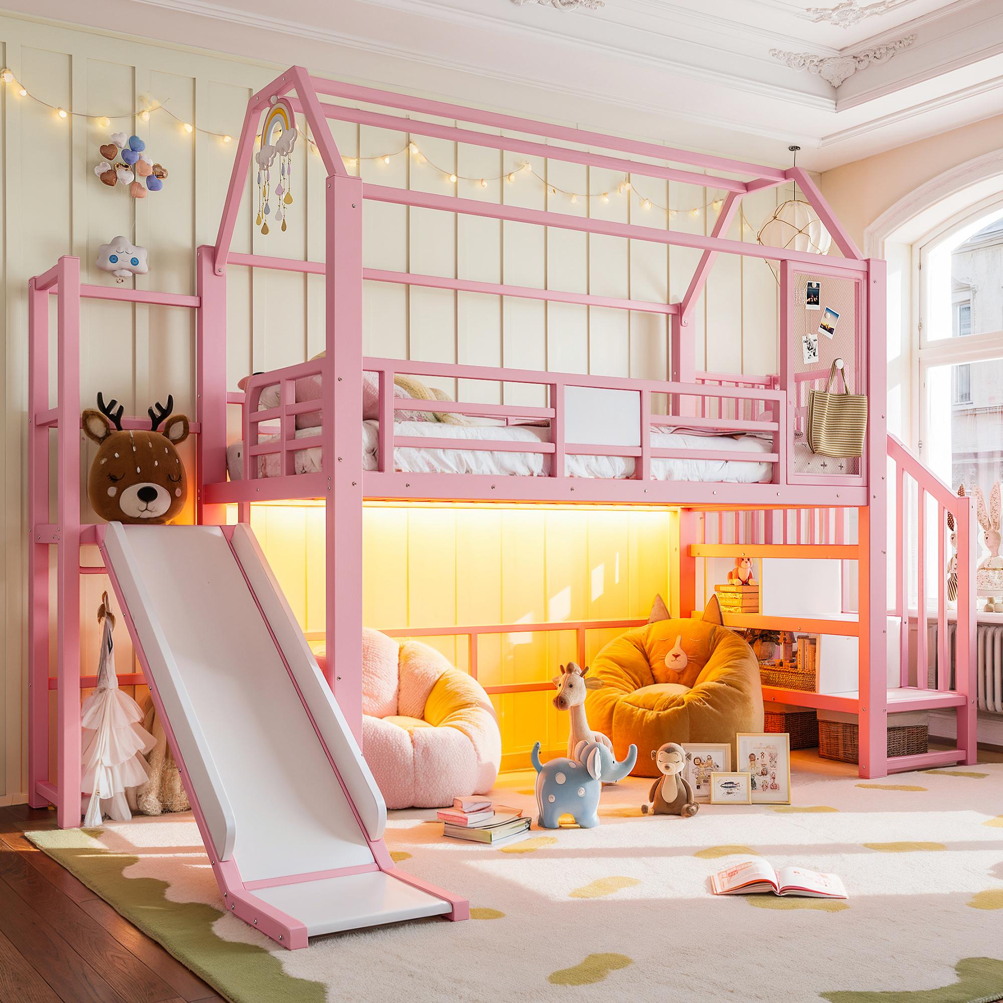 Pink Metal House-Shaped Loft Bed with