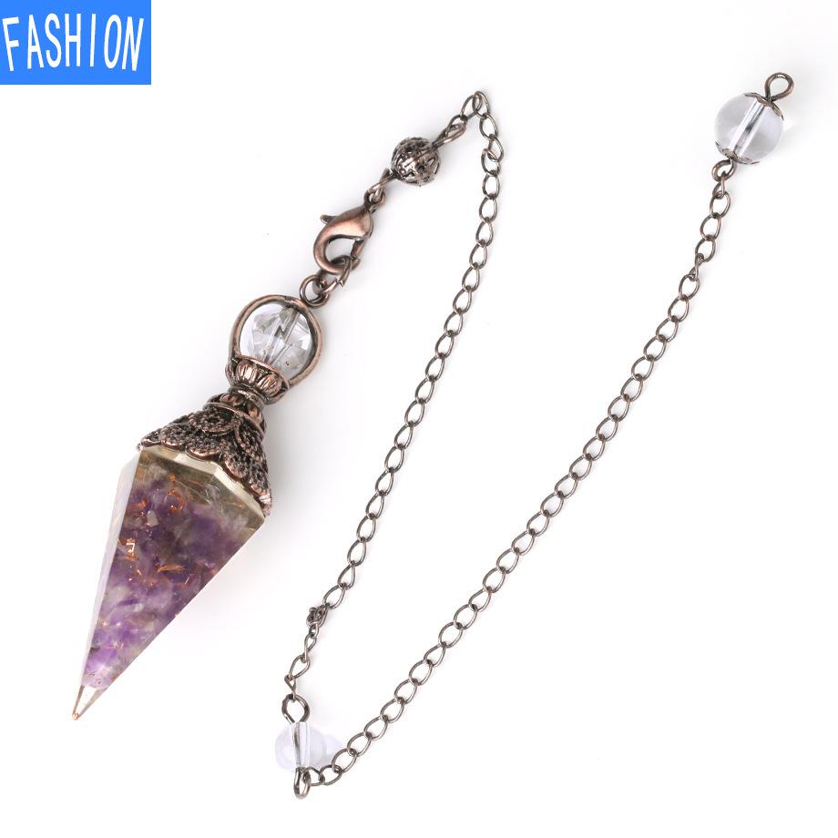 Colorful Crystal Pendulum Bronze Fashion Natural Gravel Resin Spring Hexagonal Cone Pendant