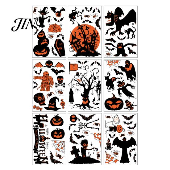 Fledermaus und Spinne Fensteraufkleber 9 Blatt Halloween Clings, Glückliche Kürbisse Hexe Geist Fledermäuse Schloss Gruselige Dekorationen Aufkleber, PVC Wasserdicht für