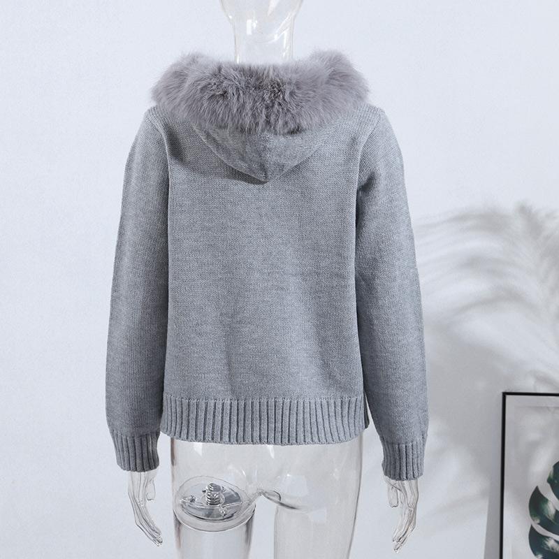 Long-sleeved Fur Collar Hooded Sweater Autumn and Winter Inner and Outer Wear Dual-purpose Ladies Solid Color Zipper Blouse Slim Knit Ladies Cardigan