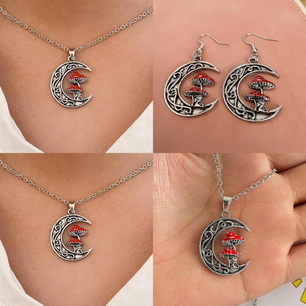 Unique Fashionable Alloy Moon And Cute Red Mushroom Pendant Necklace For All