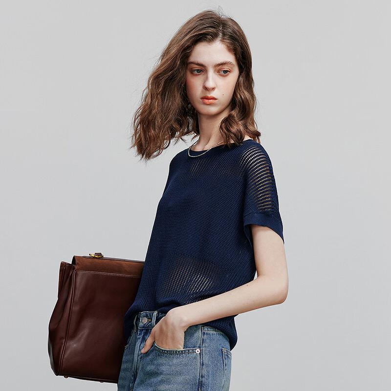 Chuyu Women's Loose-Fit Imitation Linen Sheer Knit Short Sleeve Top