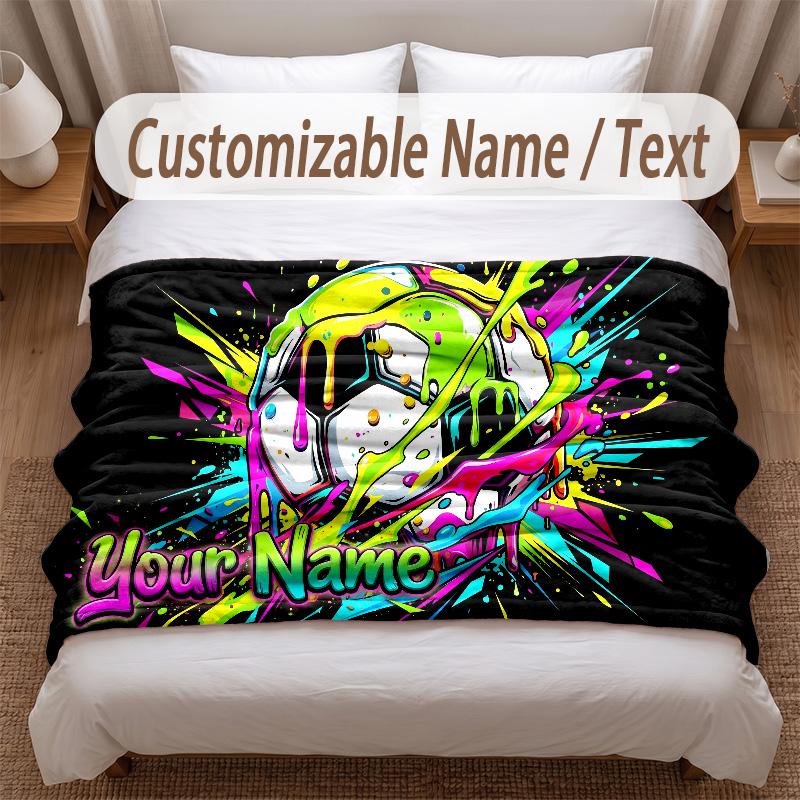 Soccer Theme Soft Blanket Personalized Custom Name Text Print Warm Blanket Home Sofa Bedroom Decor