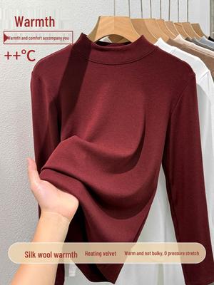 Women's Wool-Blend Base Layer Top: Half-High Collar, Velvet-Lined, Thickened, Silk Lyocell, Warm Long-Sleeved.