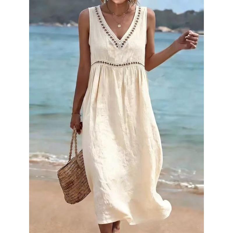 IHUASU Fashion Summer Spring Solid Color Print  V-Neck Sleeveless Casual Dresses