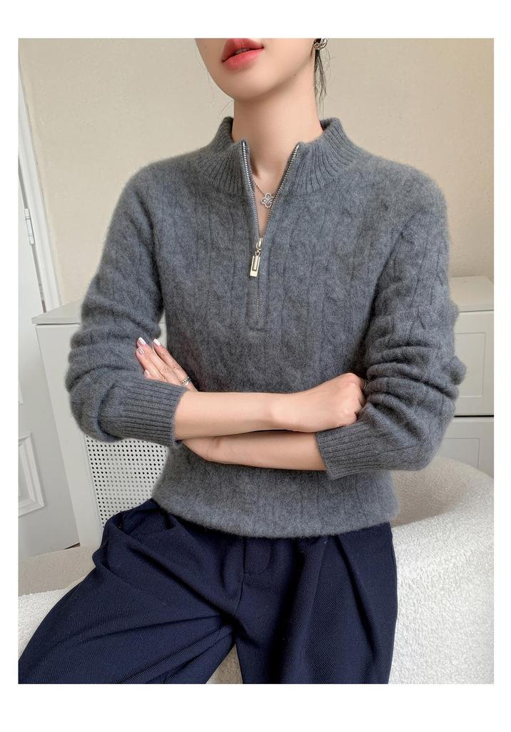 Women's Cashmere Cable Knit Half-Zip Sweater - Loose Fit, Half-High Neck, Solid Color for Autumn & Winter