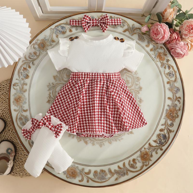 Cute Summer Girls' Infant Toddler Outfit Flutter Sleeves Short Sleeves Houndstooth Pattern Soft Treatment Dress Socks