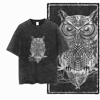 DH OWL Printed 100% Cotton Acid Washed Exclusive Graphic Unisex T Shirt Cool Vintage StreetwearTshirts Big Size Tee for Women
