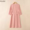 ZANZEA Women Casual V-Neck Loose 3/4 Sleeve Solid Dress