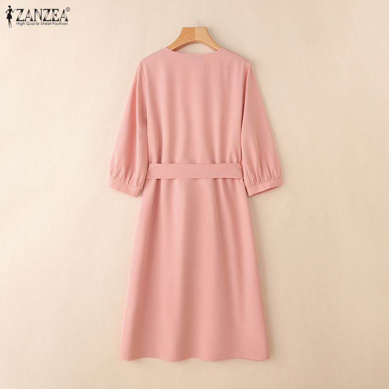 ZANZEA Women Casual V-Neck Loose 3/4 Sleeve Solid Dress