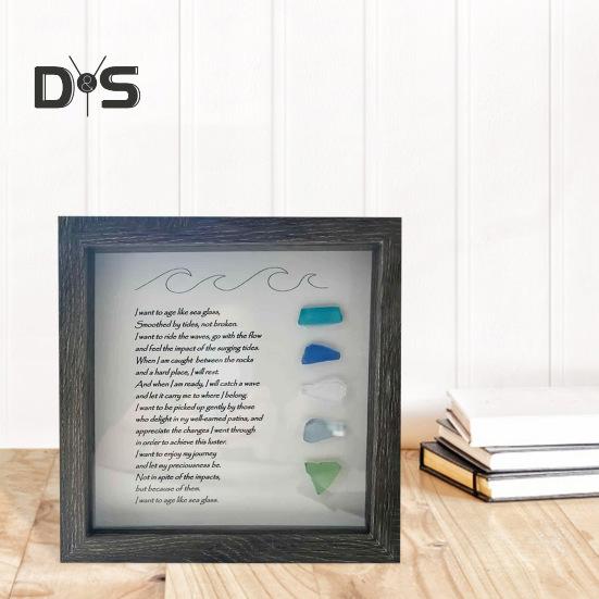 Sea Glass Picture Frame Wooden Photo Frame with Colorful Sea Glass Frame Sea Glass Poem Framed Artwork Ornament for Home Decor