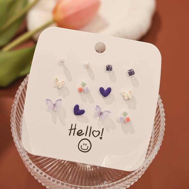 1Set Simple And Compact Silver Needle Earring Set Love Geometric Earring Combination Cute Sweet And Versatile Earrings