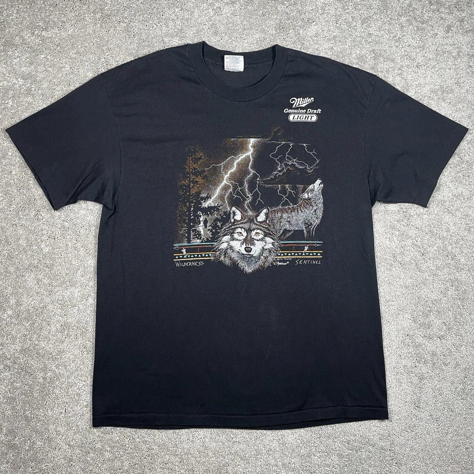 

Vintage Miller Genuine Draft Light Wolf Lightning Graphic T-Shirt RARE Size XL S