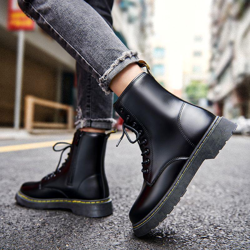 Men's Black Leather High-Top Motorcycle Boots with Side Zipper - British Style for Autumn/Winter