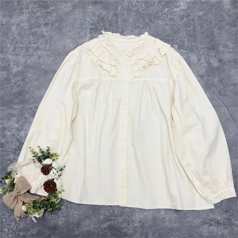 Johnature Japanese Fungus Collared Shirt Mori Women French Long-sleeved Loose Solid Color Casual Vintage Cotton Shirts