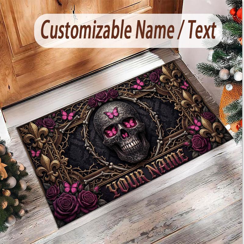 Skull Gothic Theme Soft Crystal Velvet Rug Custom Name & Text Print Non Slip Floor Rug for Bedroom Living Room