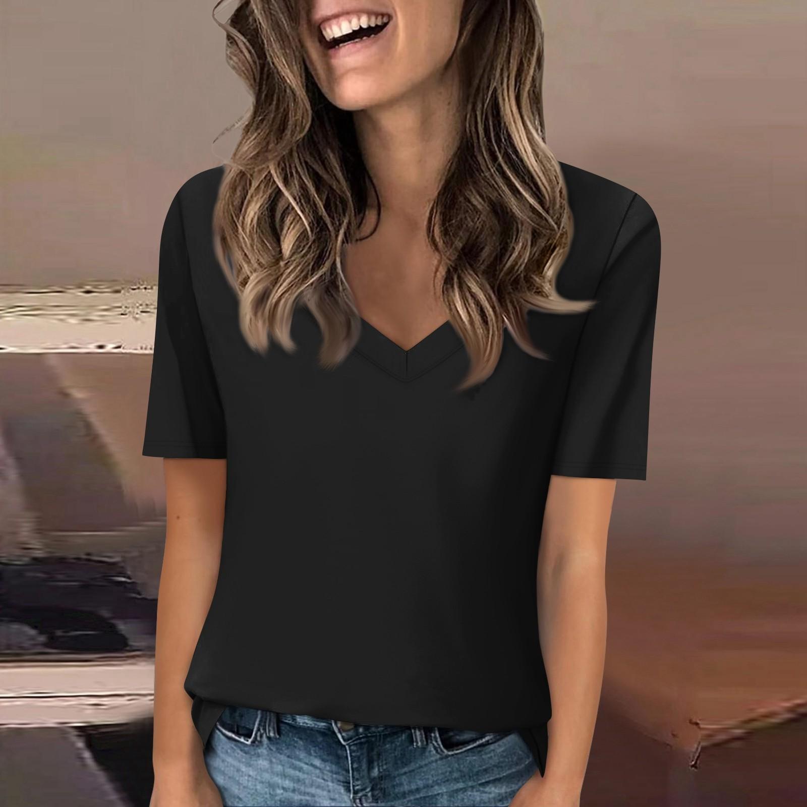 Women s V-neck T-shirt Short-sleeved Top Casual Color T-shirt XXL чёрный