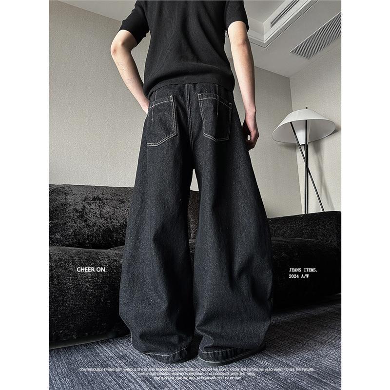American high street vibe wind-breasted black straight jeans men's summer design wide-leg pants scimitar pants