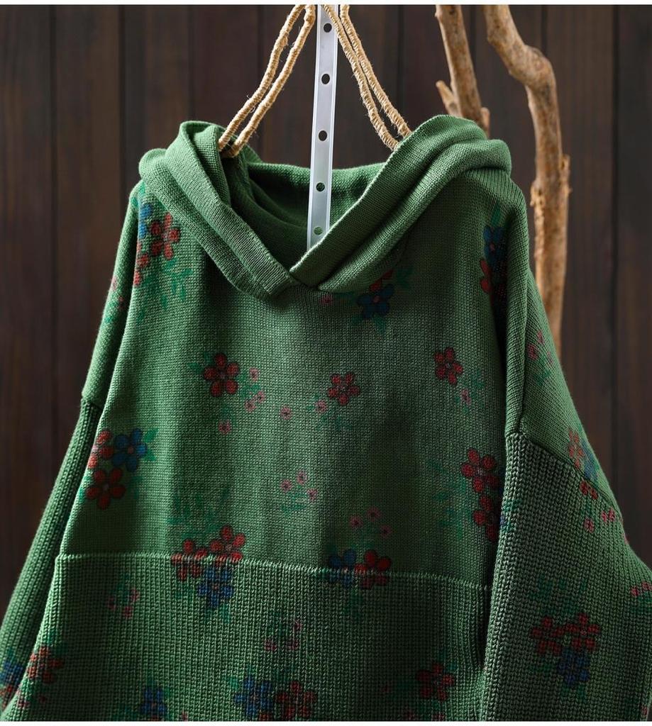 2025 Bo Jia Fan Flower Print Hooded Cotton Knit Sweater - Loose Fit, Autumn Style