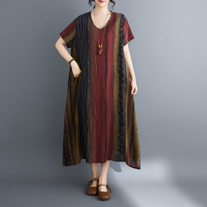 Abito estivo lungo e largo casual da donna, in cotone vintage, con maniche corte e taglie forti, floreale, nuovo di zecca.