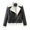 Giacca in finta pelle da donna, foderata in pile, calda, a maniche lunghe, vestibilità attillata, cappotto corto, elegante, colletto con revers accorciato, cerniera, bomber casual, in nero