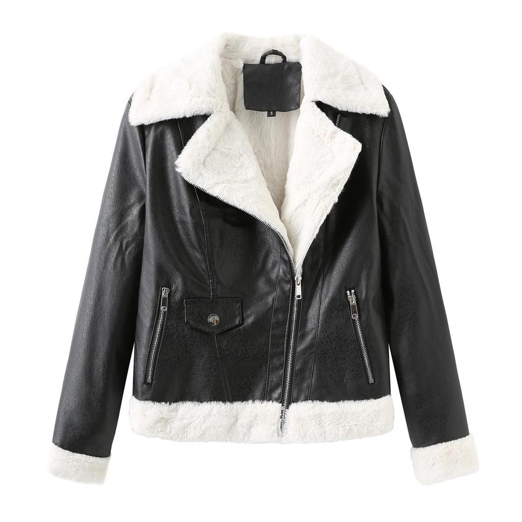 Giacca in finta pelle da donna, foderata in pile, calda, a maniche lunghe, vestibilità attillata, cappotto corto, elegante, colletto con revers accorciato, cerniera, bomber casual, in nero