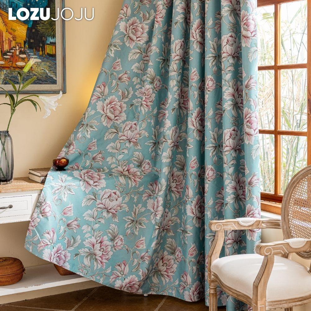 1PC LOZUJOJU American Countryside Style Peony Printed Blue Curtains with Full Blackout Curtains for Bedroom Living Room Balcony Window for Home Decor