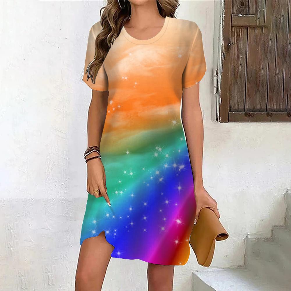 Rainbow Gradient 3D Print Women's Dress Summer Casual Sweet Short Sleeve Dress Fashion Streetwear Round Neck Ladies Dresses