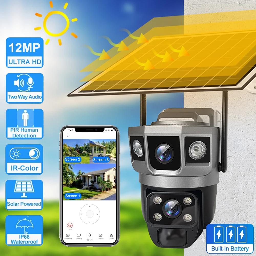 Kamera słoneczna WiFi 6K 12MP z podwójnym obiektywem, zewnętrzna, wodoodporna, bezprzewodowa, 4G, monitor wideo CCTV, bateria, wykrywanie ruchu, kamera IP
