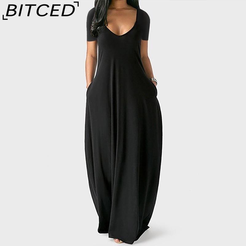BITCED Summer Plus Size Women's Solid Colour Sensual Deep V-Neck Short-Sleeved Pocketed Maxi Dress