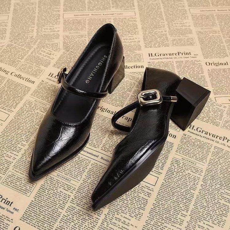 Premium  Mary Janes French Vintage Pointed Toe Pumps Chunky Heel Single Strap Shoes Buckle Decor