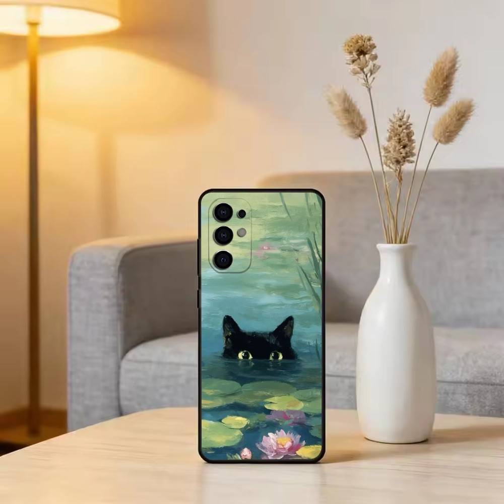 Cute Black Cat Illustration Phone Case For Samsung S25,S24,S21,S22,S23,S30,Ultra,S20,Plus,Fe,Soft Silicone Black Cover