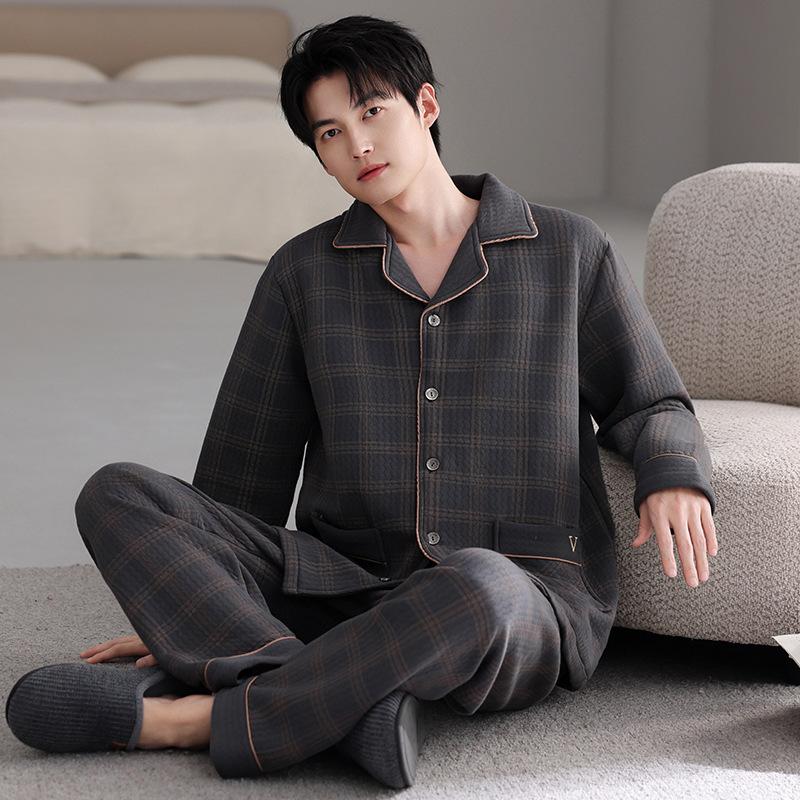 Air cotton sandwich pajamas men's autumn and winter thickened pure cotton long-sleeved men's winter thin padded large-size loungewear