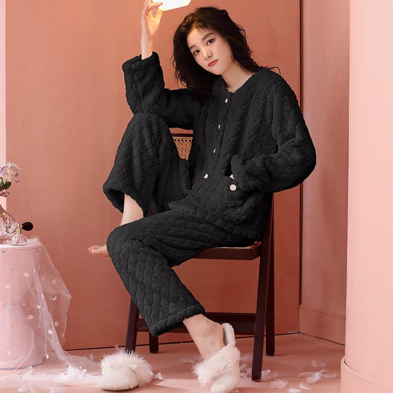 Coral Velvet Pajama Lady Autumn Winter Thickened Sweet Pure Wind Warm Flannel Luxury Outing Home Wear Set Comfortable Antistatic