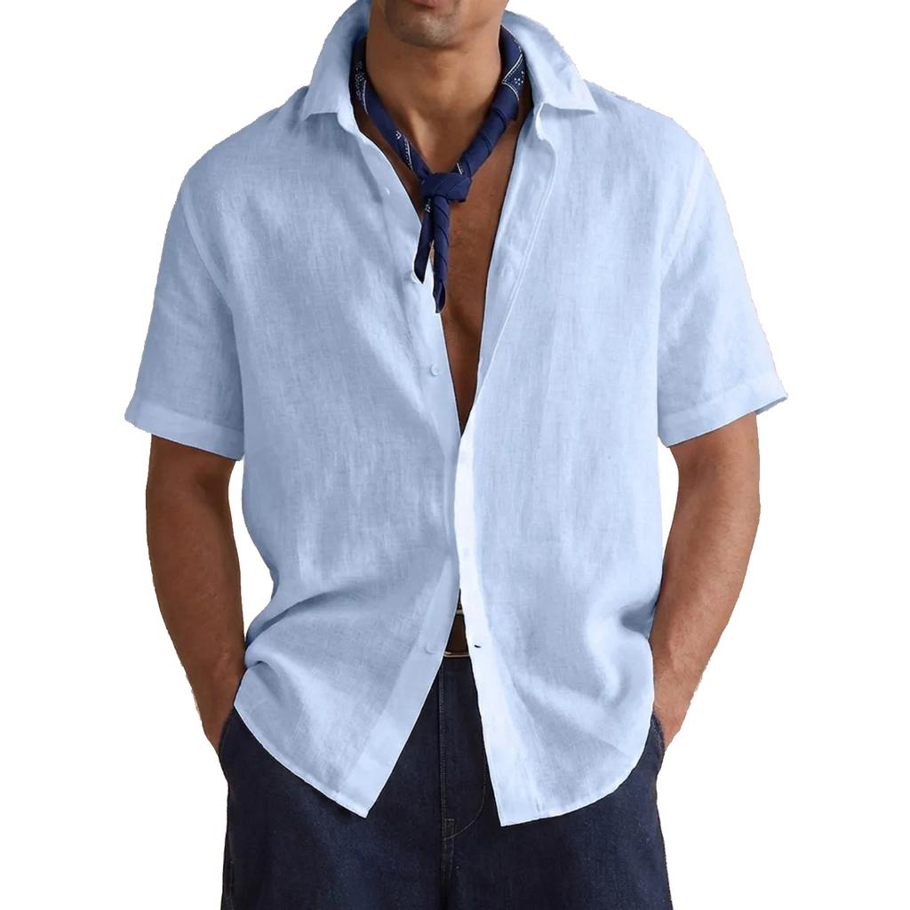 Men's Casual Button-down Loose Short-sleeved Shirt - Men's Plain Cotton Breathable Shirt Top