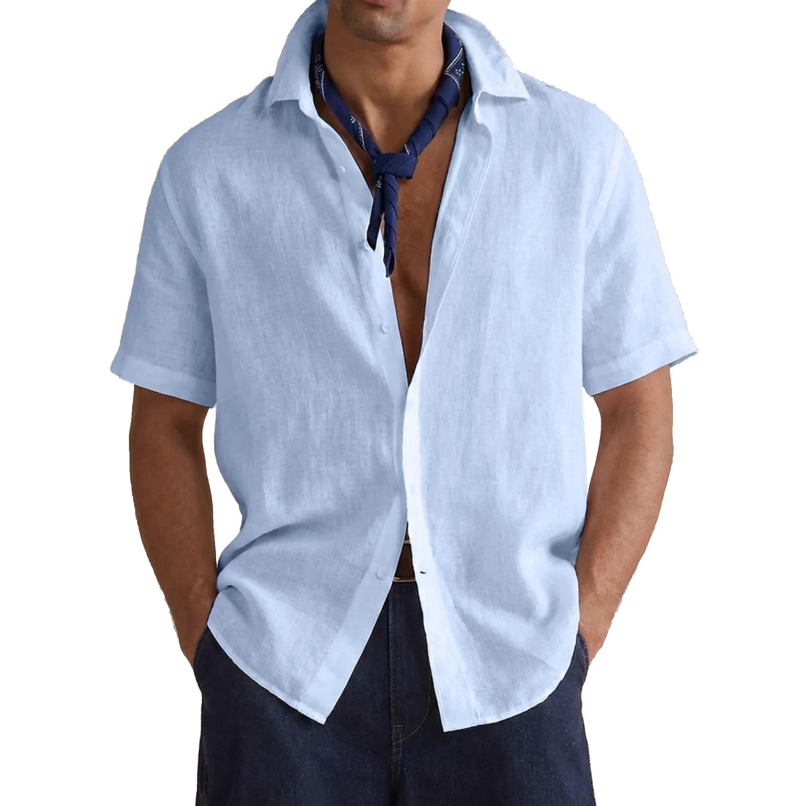 

Men s Casual Button-down Loose Short-sleeved Shirt - Men s Plain Cotton Breathable Shirt Top XXL