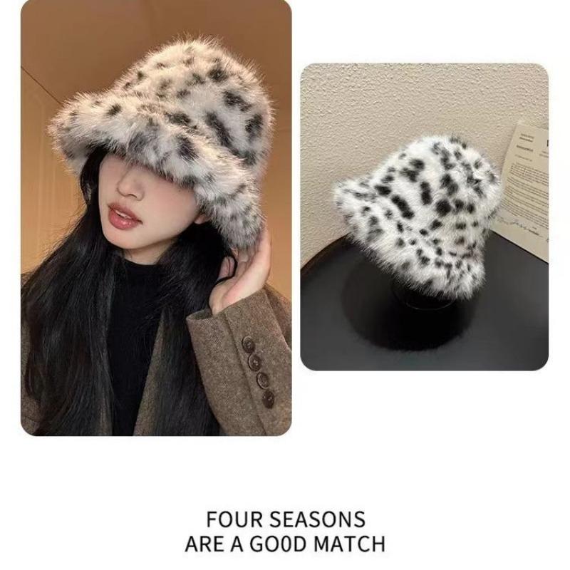 Leopard Print Plush Bucket Hat Outdoor Versatile Face Slimming Hat