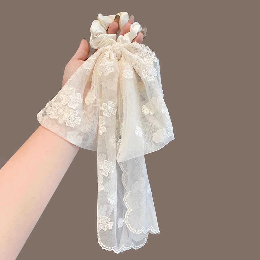 Elegant French Fairy 3D Lace Embroidery Bow Hair Tie with Long Ribbon